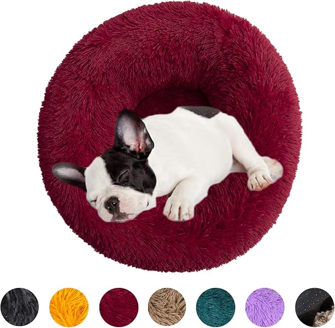 huraty Pet Dog Bed Plush Calming Bed, Fluffy Donut Round Pet Beds for Small Medium Large Dogs Cats, Anti-Slip & Anti-Anxiety, 28 Inch for Puppy and Kitties, Wine Red, L