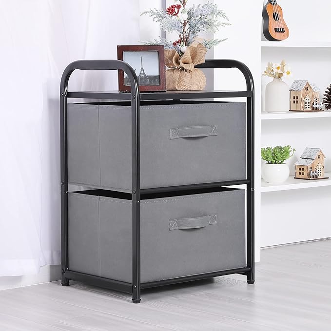 Dresser for Bedroom with 2 Drawers, Wide Chest of Drawers, Fabric Dresser, Storage Organizer Unit with Fabric Bins for Closet, Living Room, Hallway, Nursery, Dark Grey