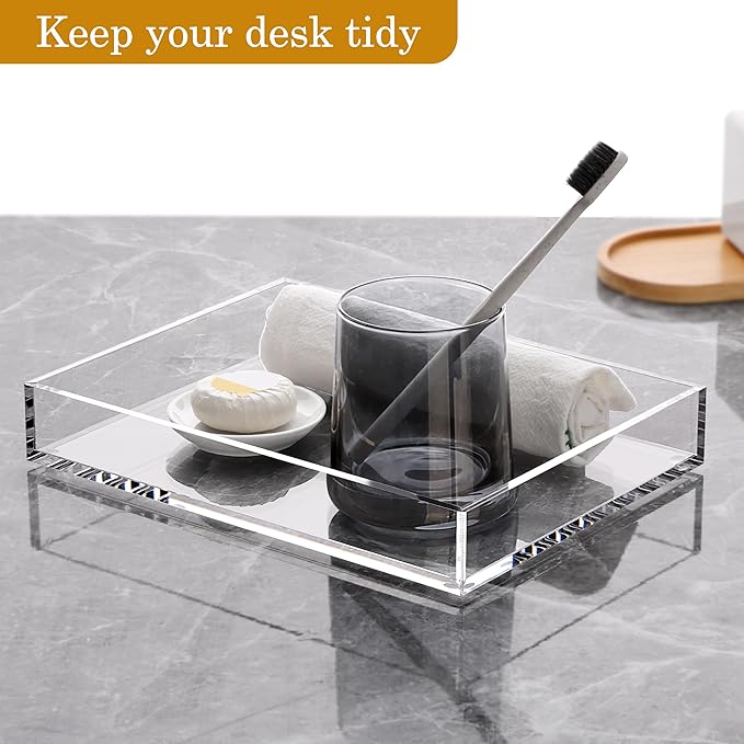 DINGHUO Acrylic Perfume Bathroom Vanity Counter Tray, Clear 9.45"x7.09"x1.38" Rectangle Countertop Organizer for Jewelry Candles Soap Makeup Toilet Tank Kitchen - 1 Pack