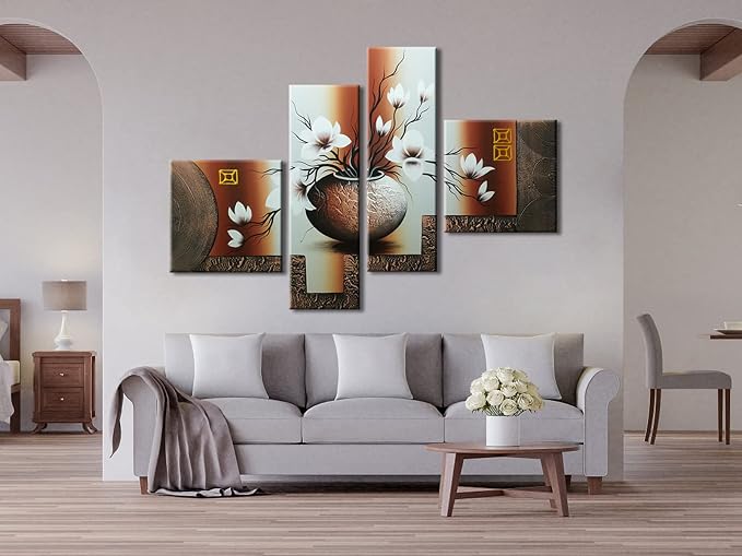 Wieco Art Large Size Decorative Elegant Flowers 4 Panels 100% Hand-painted