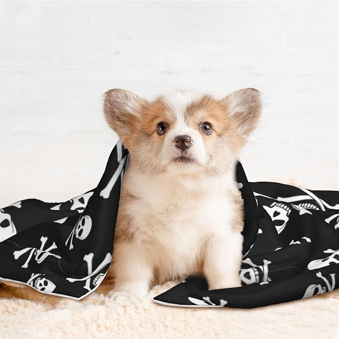 Double Sided Plush Pet Blanket for Small Large Animals, Skull and Crossbones, Reversible Throw with Dimpled Dot Side and Flat Side for Kennels Living Rooms