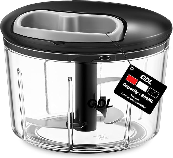GDL Food Chopper, Pull Onion Chopper Dicer, Hand Powered Food Chopper, Fast Cutting Hand Chopper Mincer for Oinon, Garlic, Nut, 3.4 Cups 0.8L, Black