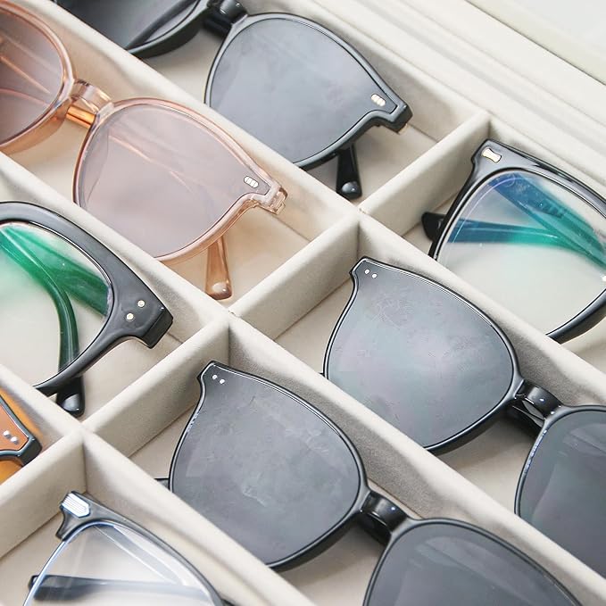 Coward Sunglass Organizer Tray Box, Beige Velvet Grids Eyeglasses Display Tray Case with Transparent Glass Lid for Home Use or Store Shop Selling Show