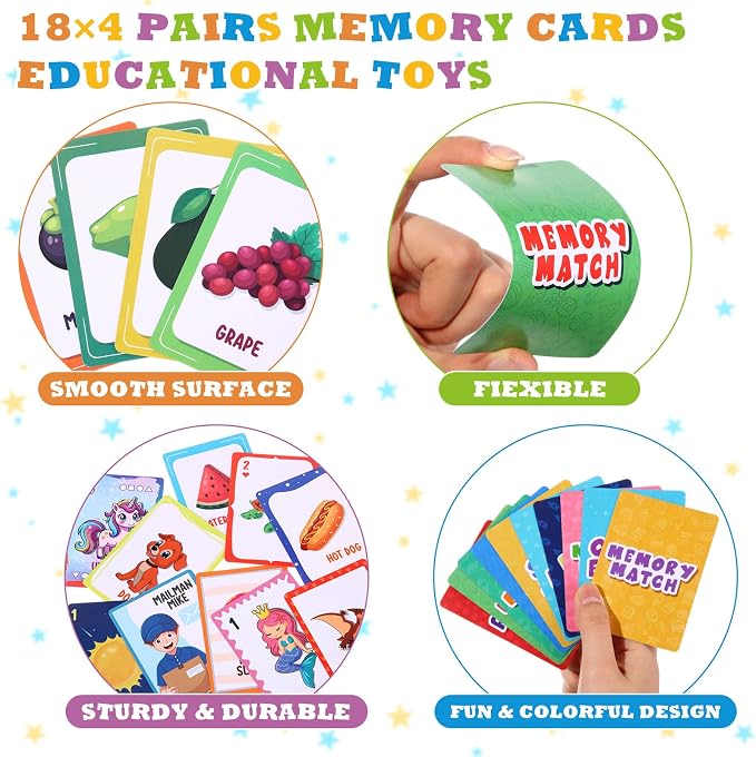 Zubebe 4 Sets Memory Matching Card Game Ages 4+, Family Party Game,Style 1 | Learning Toy with Animal Dinosaur Food Themes, Ideal for Family Night Classroom Prizes Party Favors, Builds Memory Skills