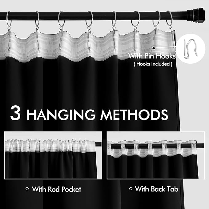 MIULEE Black Back Tab Blackout Curtains 132 Inch Length 2 Panels Set