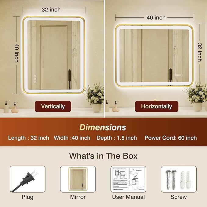 32x40 Inch Gold Framed LED Bathroom Mirror