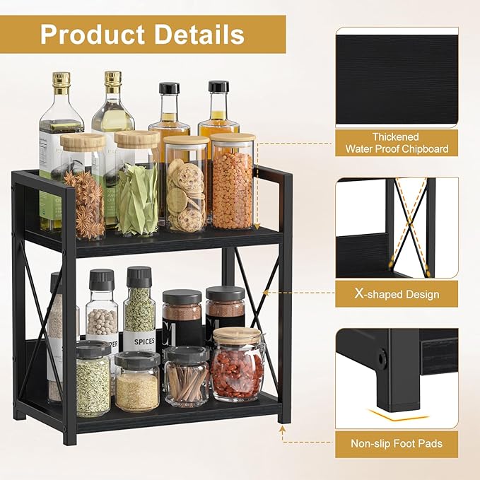 Giikin Countertop Organizer, 2 Tier Coffee Station Organizer for Desktop, Wood Counter Shelf Spice Rack for Kitchen (Black, M)