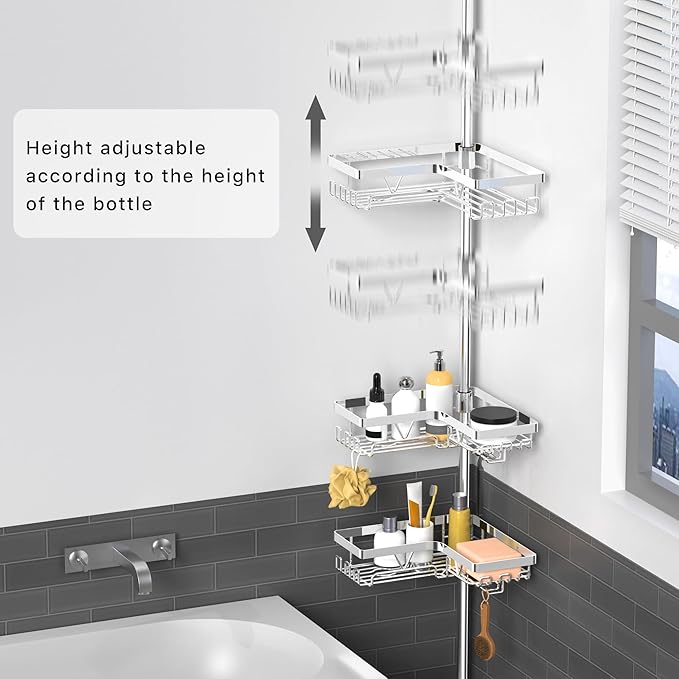 KEGII Corner Shower Caddy Tension Pole - Chrome 4-Tier Adjustable Shower Tension Rod Organizer with Hooks & Soap Holders, 25-114.2 Inch Stainless Steel Shower Storage Rack for Renters & Family