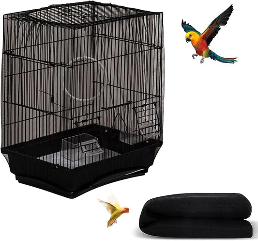 Bird Cage Seed Catcher, Seed Catcher Guard Net Cover, Parrot Nylon Mesh Net Cover, Universal Soft Airy Cage Net Stretchy Skirt for Round Square Cages (Solid-Black, 15.7" x87")