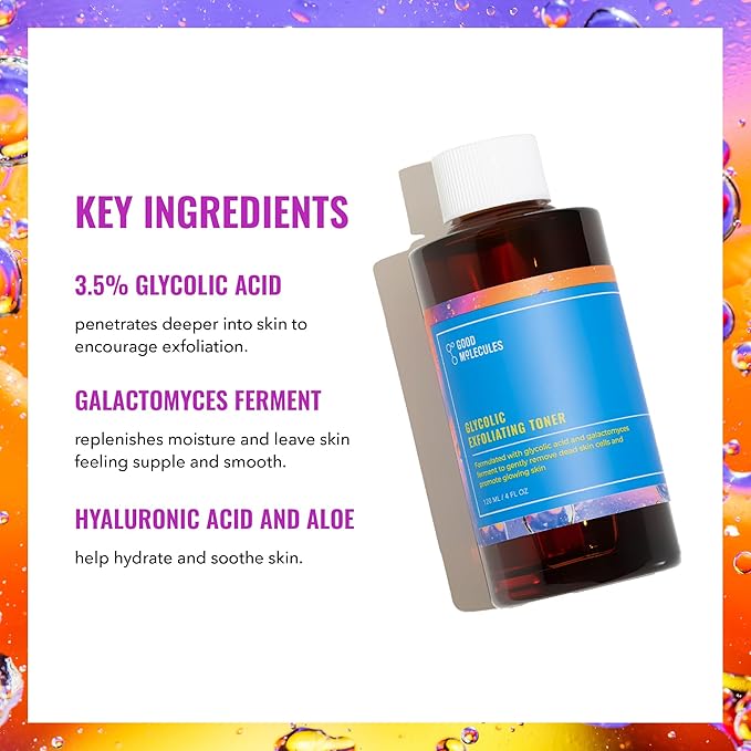 Good Molecules Glycolic Exfoliating Toner - Hyaluronic and Glycolic Acid Daily Toner for Face - Cleansing Facial Exfoliant for Glowing Even Skin Tone, Skin Care