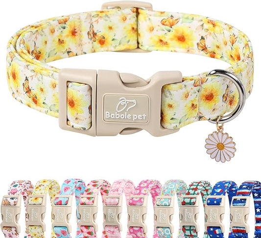 Adjustable Floral Dog Collar, Yellow Sunflower&Butterfly Dog Collars for Giant Large Dogs, Lightweight Quick-Release Buckle Collar for Boy&Girl Dogs XL