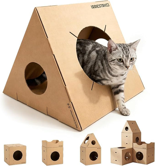 Modular Cardboard Cat Condo System, Triangle Cat Tunnel Module, Foldable Stackable DIY Cat House for Indoor Cats