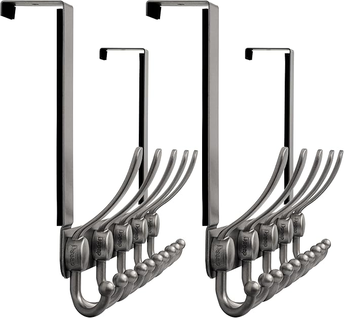 Dseap Over Door Hook 2.0 - Upgraded Version - Simple-Assembly, Strong, Heavy-Duty Stainless Steel 5-Tri-Hook Over The Door Hanger Rack, SimpleStrong Series, Grey, Pack of 2