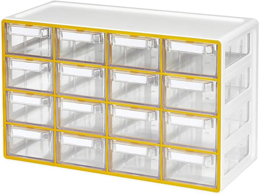 Blue Ginkgo Medium 16-Drawer Cabinet – Stackable Clear Organizer for Hardware, Beads, Plastic Bricks, Office, and Craft Storage (Made in Korea, Yellow)
