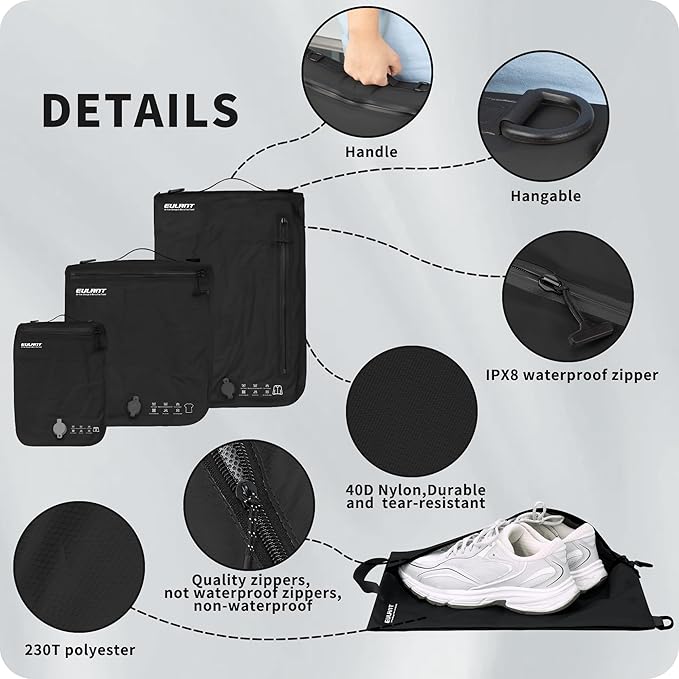 Eulant 4 Set Vacuum Packing Bags for Travel With Pump,Professional IPX8 Zip Packing Organizer for Suitcases Backpack,Space Saver Bags Packing Organizers for Clothing Packing(4 Set,Black)