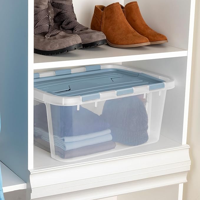Sterilite 18 Pack Hinged Lid Storage Box, 20 Qt Plastic Container, Washed Blue - Home Organizer Tote for Storing Shoes, Crafts, Clothing, or Decor