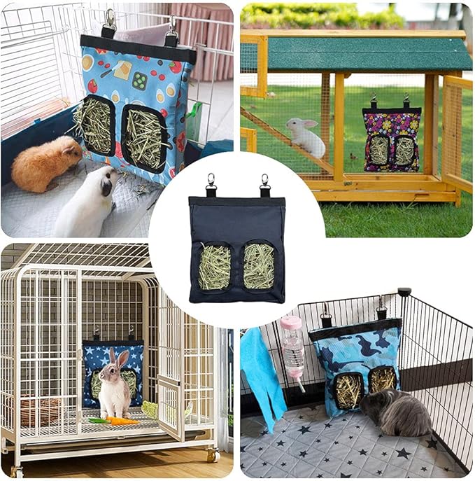 Guinea Pig Hay Feeder, Hanging Rabbit Hay Feeder Bag for Guinea Pigs Bunnies Chinchillas. PureBlack, 2 Count