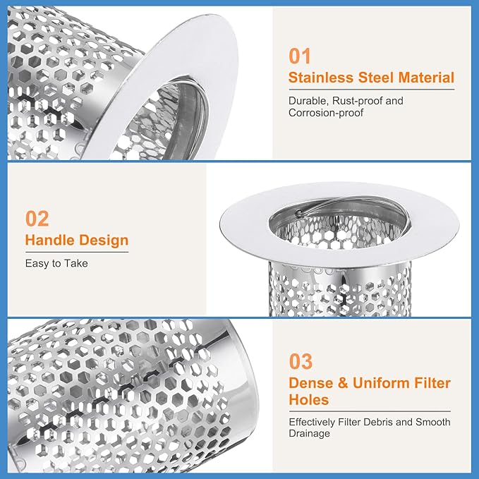 uxcell 3 Pack Shower Drain Strainer, 2" x 2.5" Stainless Steel Floor Drain Strainer Deep Sink Hair Catcher for Kitchen Bathroom Balcony Floor Drain, Fit Hole Size from 1.57" to 2.56"