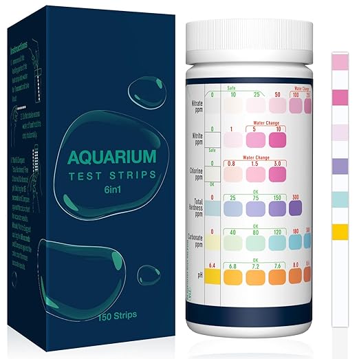 6 in 1 Aquarium Test Strips, 150 Strips Aquarium Water Test Kit for Fish Tanks & Ponds, Accurate Test Monitoring, Nitrate, Nitrite, Chlorine, Carbonate, Hardness, pH