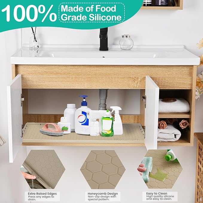 Waterproof Under Sink Mat 31" x 22", Silicone Cabinet Liner, Rubber Protector for Kitchen and Bathroom, Keeps Cabinets Clean, Dry, and Organized (Khaki)