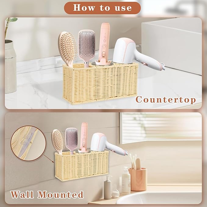 Hair Tool Organizer,Wall Mount Curling Iron Holder,Waterproof Wicker Hot Tools Organizer for Hair Dryer,Flat Irons,Curling Wands,Straighteners Storage,in Cabinet,Bathroom,Vanity (Nature)