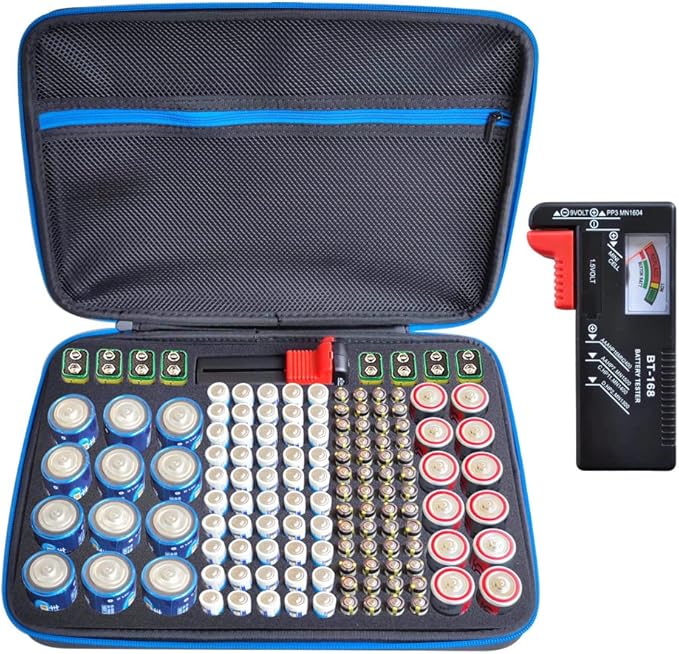 Battery Organizer Storage Case with Tester:Battery Holder Box Garage Organizer Battery Vault Daddy Box with Zipper Mesh Pocket Fit for 18650 Batteries AA AAA C D 9V etc
