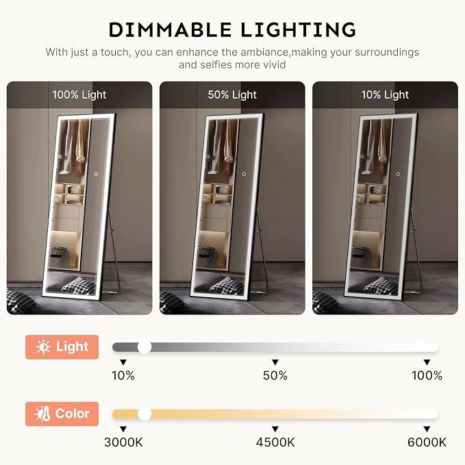 Kosmonia 67x20 Full Length Mirror, Dimmable 3 Color LED Light w/Light Memory