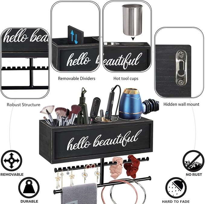 Rustic Hair Dryer Holder Wall Mounted,Hair Styling Tools & Accessories Organizer,Bathroom Supplies & hot Tools vanities Organizer Caddy,for Storage Flat Iron,Blow Dryer,Curling Iron,Towel