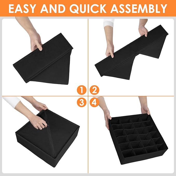6 Pack Sock Underwear Drawer Organizer Dividers, 58 Cell Foldable Fabric Dresser Closet Organizers and Storage Bins for Clothing, Baby Clothes, Bra, Panty, Scarf, Ties (Black)