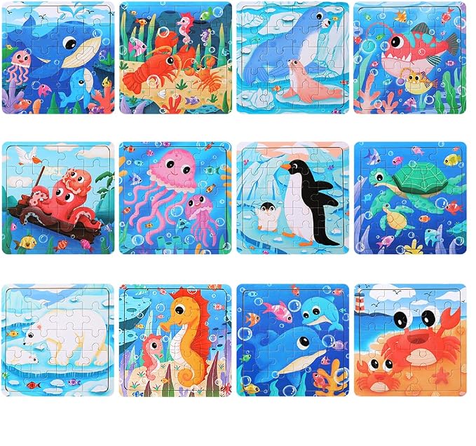 GRINNNIE Wooden Puzzle for Toddlers 3 4 5 Years Old, 12 PCS Jigsaw Ocean Animals Puzzles Preschool Learning Toys for Travel or Car, Birthday for Boys and Girls