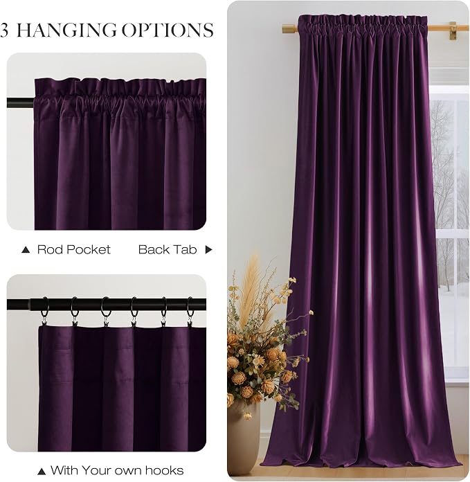 NICETOWN Blackout Purple Gothic Velvet Curtains 96 inch Long, Dark Purple