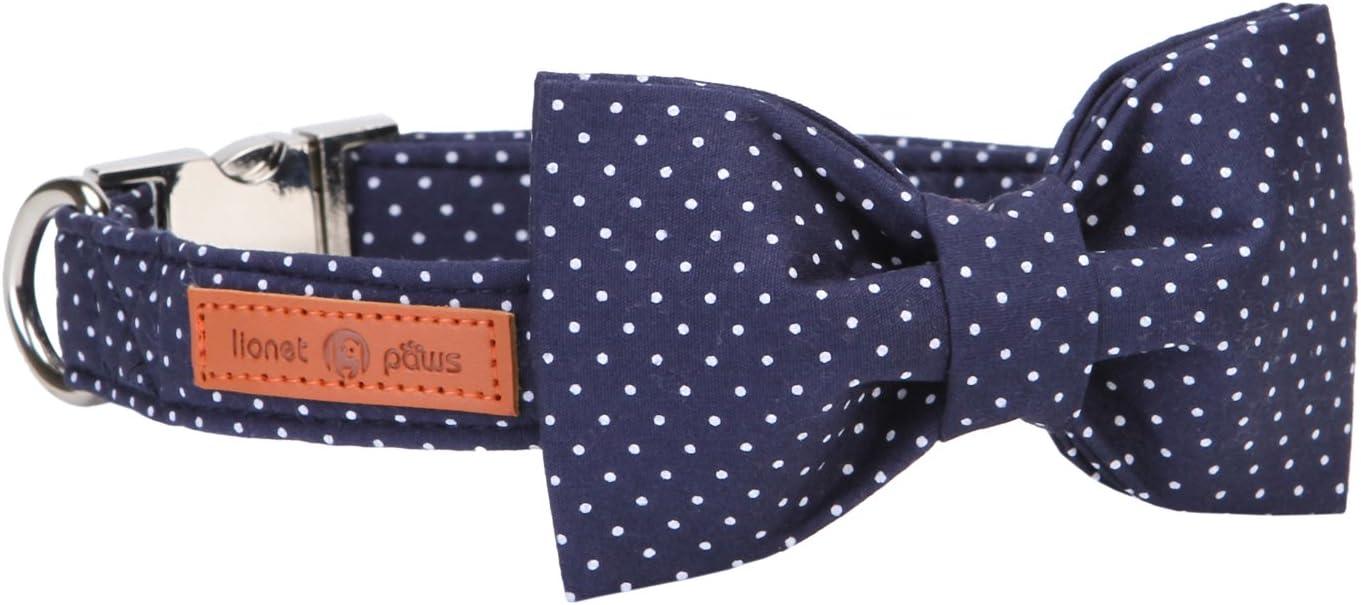 Lionet Paws Boy Dog Collar with Bowtie, Comfortable Adjustable Cute Navy Blue Bow Tie Collar for Male Dogs Gift, Small, Neck 10-16 inches