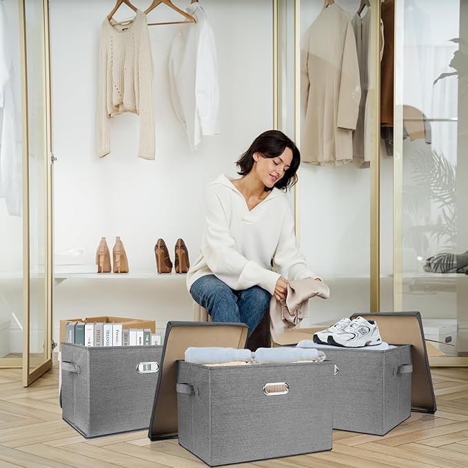 SNWDN 4 Pack Collapsible Fabric Storage Bins with Lids Fabric storage box with lids for closet organizers and storage (grey 14.6x10.6x10.2 inches)