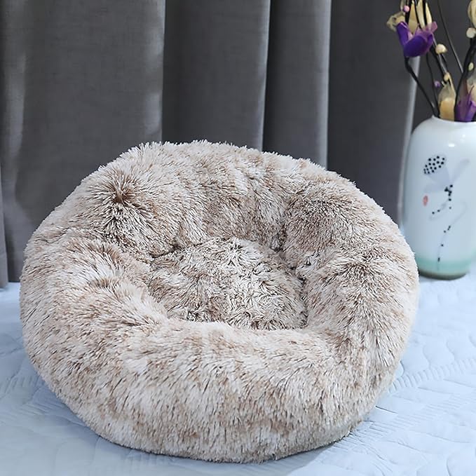 Calming Dog Bed for Small Dogs, Calming Donut Cuddler Pet Bed Anti Anxiety Round Dog Bed Fluffy Plush Faux Fur Cat Bed,Khaki,15.7IN