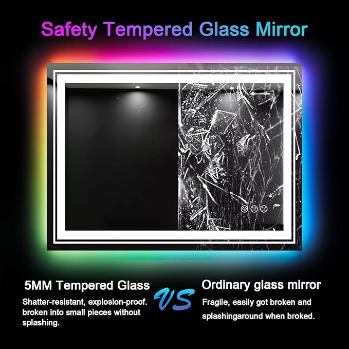 LED Mirror for Bathroom, 48"X36" with 8 RGB Backlit +3 Front Lit (Adjustable Individually), Anti-Fog, Large Lighted Bathroom Vanity Mirror for Wall,Shatterproof,Memory Function,Tempered Glass