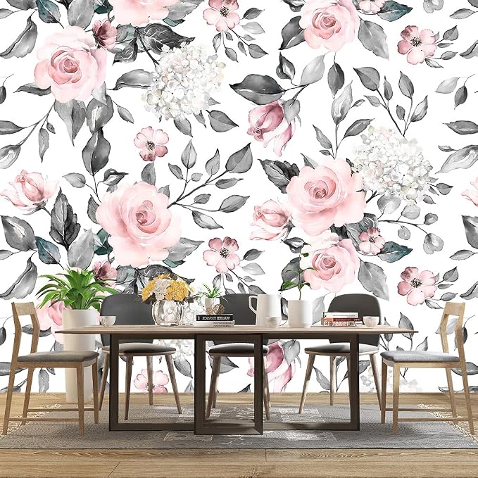 Grey Leaf Pink Flowers Mural Bedroom Floral Wallpaper Room Decor Living Room tv