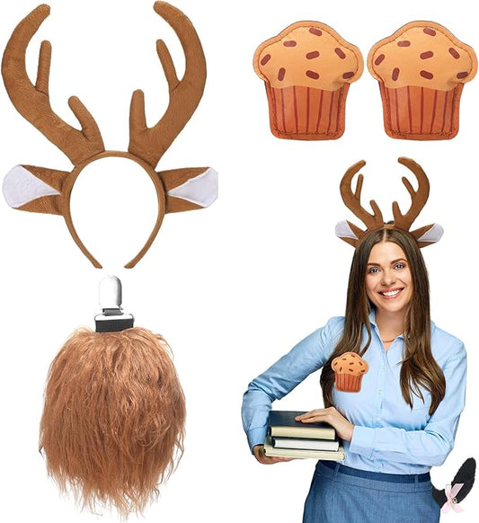 Book Character Costumes Set Reading Themed Ears Headband Tail, Brooch Animal Dress up for Adult Halloween Accessory
