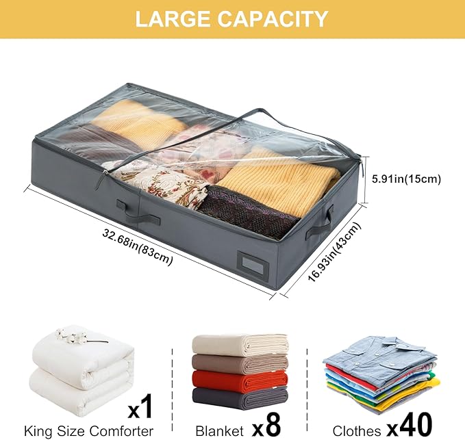 6-Inch Under Bed Storage Containers (2-Pack) | Sturdy Sidewalls | Clear Cover & Label Holder | Foldable Fabric Closet Bin Organizer | Stores Clothing/Blankets/Sweaters/Sheets