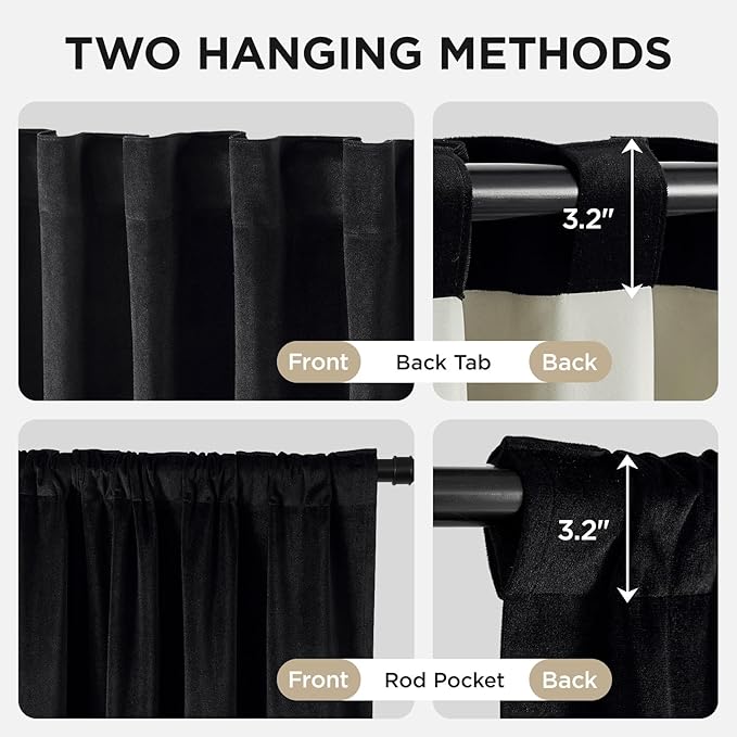 Joydeco Black 100% Blackout Curtains 84 Inch 2 Panels, Luxury Thermal Insulated Black Velvet Curtains for Bedroom Living Room, Soundproof Blackout Window Drapes, Rod Pocket & Back Tab (62W x 84L)