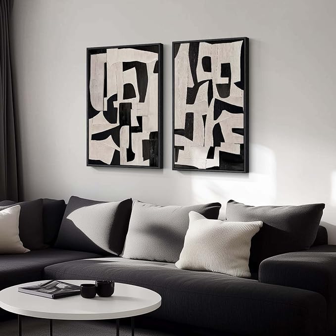 Large Framed Black and Beige Abstract Wall Art, Modern Art Prints Pictures