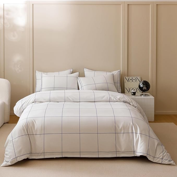 KAREVER White Grid Comforter Full Women Navy Blue Square Lines Checkered Bedding Set Full White Plaid Comforter Full Size