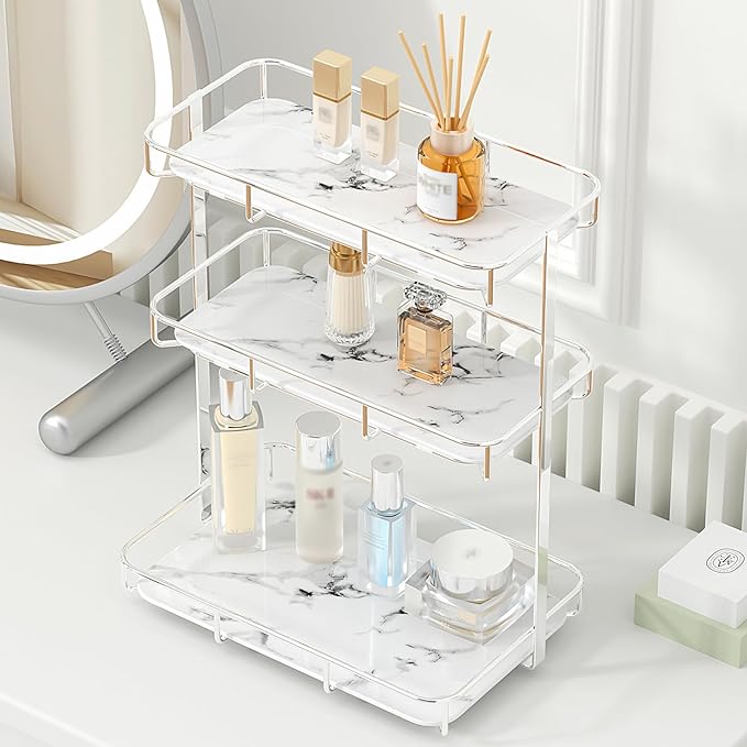 Bathroom Organizer Countertop Perfume Organizer Makeup Organizer Cosmetics Storage Display Rack Vanity Tray Dresser Stainless Steel Gold Shelf White Marble Ceramic Tray