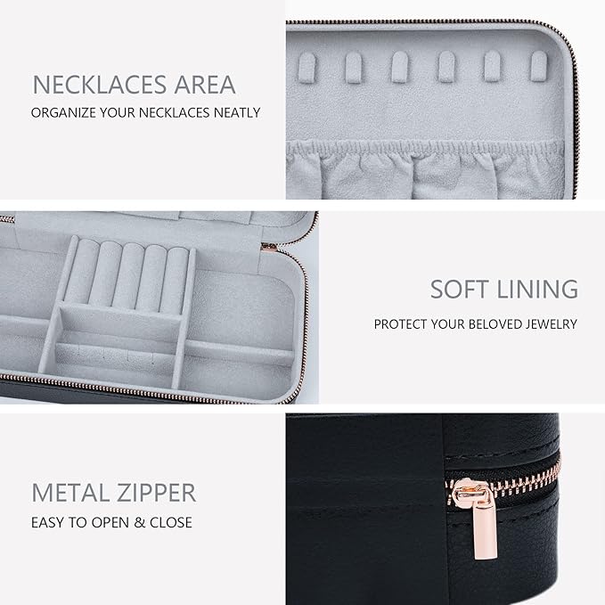 Travel Jewelry Case Organizer, Portable Jewellery Box for Women Jewelry Travel Organizer for Rings Earrings Necklaces Bracelets Watch, Black C