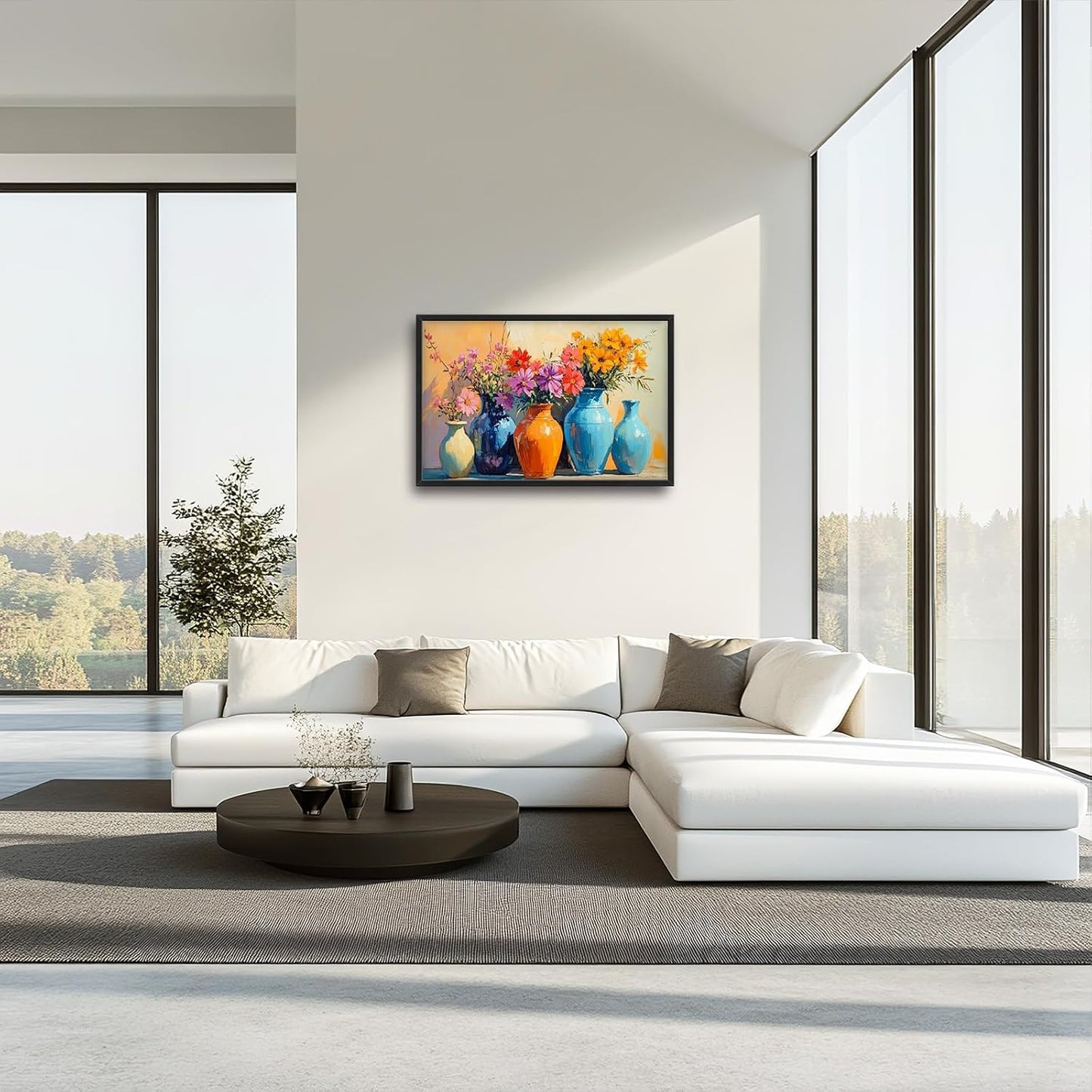 Large Colorful Floral Wall Art for Living Room, Framed Oversized Asian Flower Vase Decor Canvas Painting Sunlight Pictures Modern Artwork for Bathroom Bedroom Office Dining Room 36"x24"