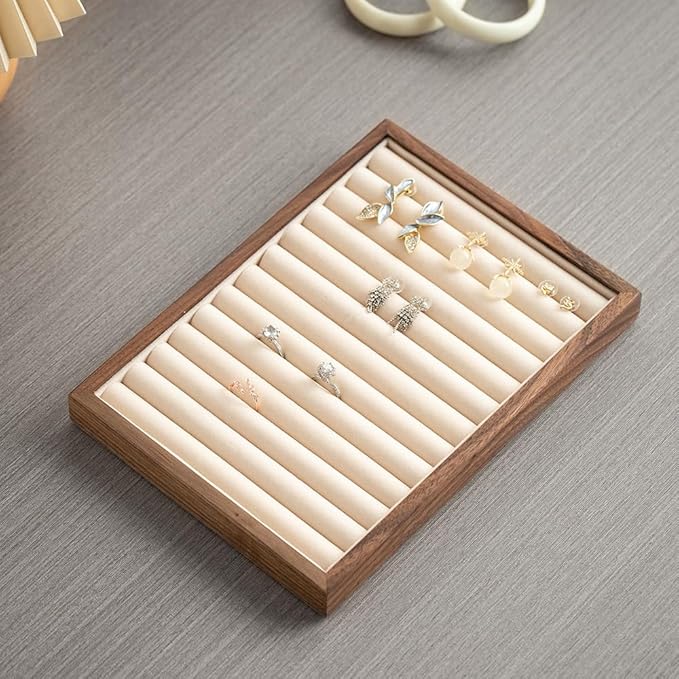12-Line Black Walnut Wooden Jewelry Tray with Velvet Lining - Premium Ring & Earrings Storage Organizer for Drawers, Luxury Jewelry Display Tray, Elegant Jewelry Organizer for Women
