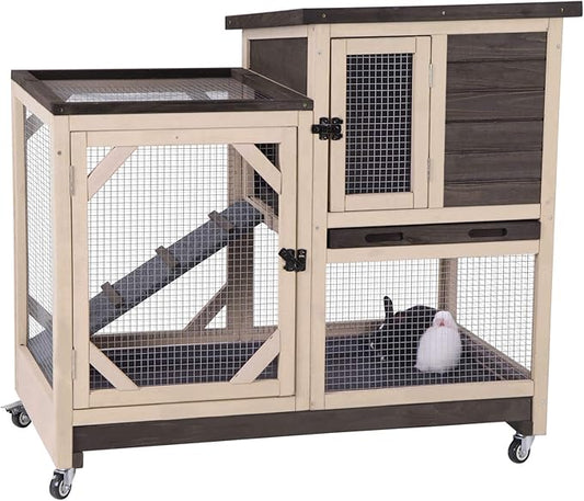Aivituvin Rabbit Hutch Rabbit Cage Indoor Bunny Hutch with Run Outdoor Rabbit House with Two Deeper No Leak Trays - 4 Casters Include (Without Bottom Wire Netting)