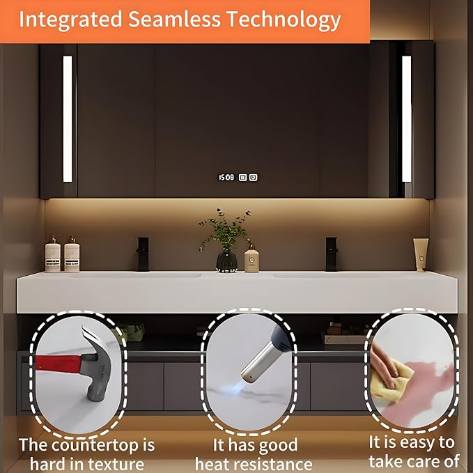 60IN Bathroom Vanity Double Sink - Double Sink Bathroom Vanity Set Include Smart Defogging Bathroom Mirror Cabinet with LED Light Strips, Abundant Storage Space with 3 Drawers (Mirror)