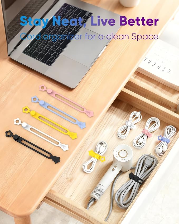 Quick Bind–Silicone Cable Ties Reusable, Cord Organizer for Charging Cables, Data Cables & Computer Wires, Multipurpose Elastic Cable Management Straps for Home,Office,Travel(16pcs,White)