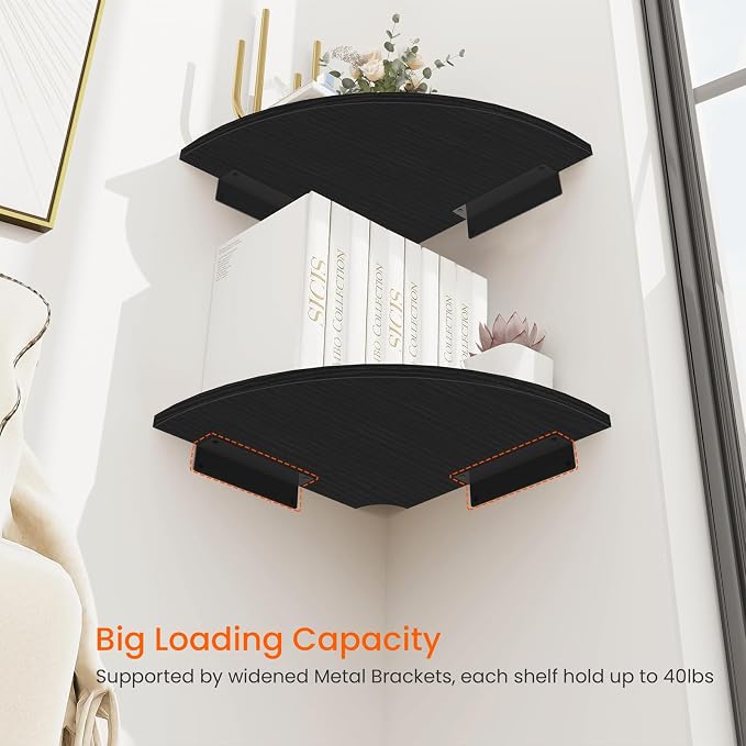 Homode Corner Floating Shelves, 2 Tier Curved Corner Hanging Shelving