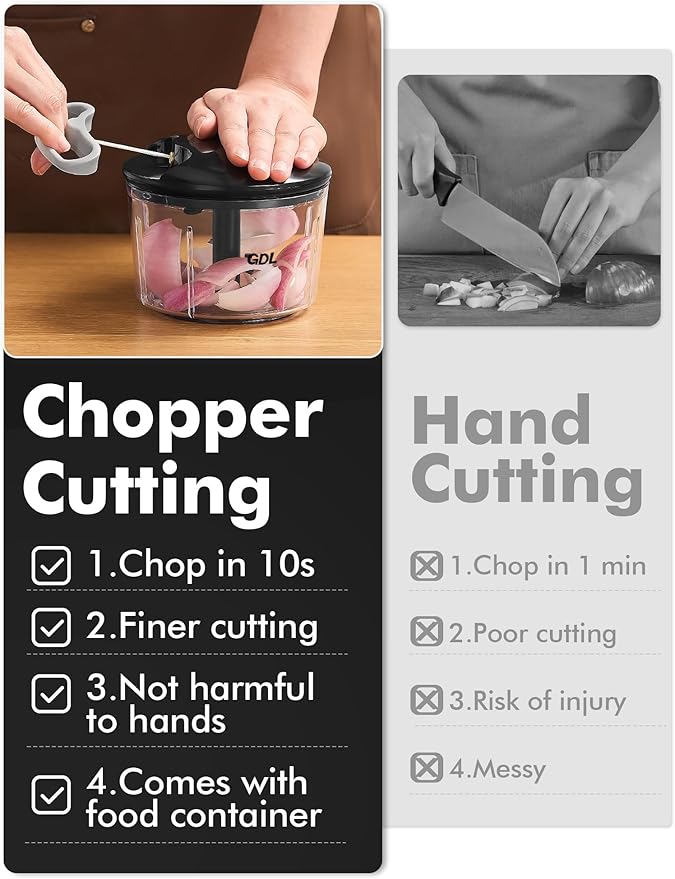 GDL Food Chopper, Pull Onion Chopper Dicer, Hand Powered Food Chopper, Fast Cutting Hand Chopper Mincer for Oinon, Garlic, Nut, 3.4 Cups 0.8L, Black